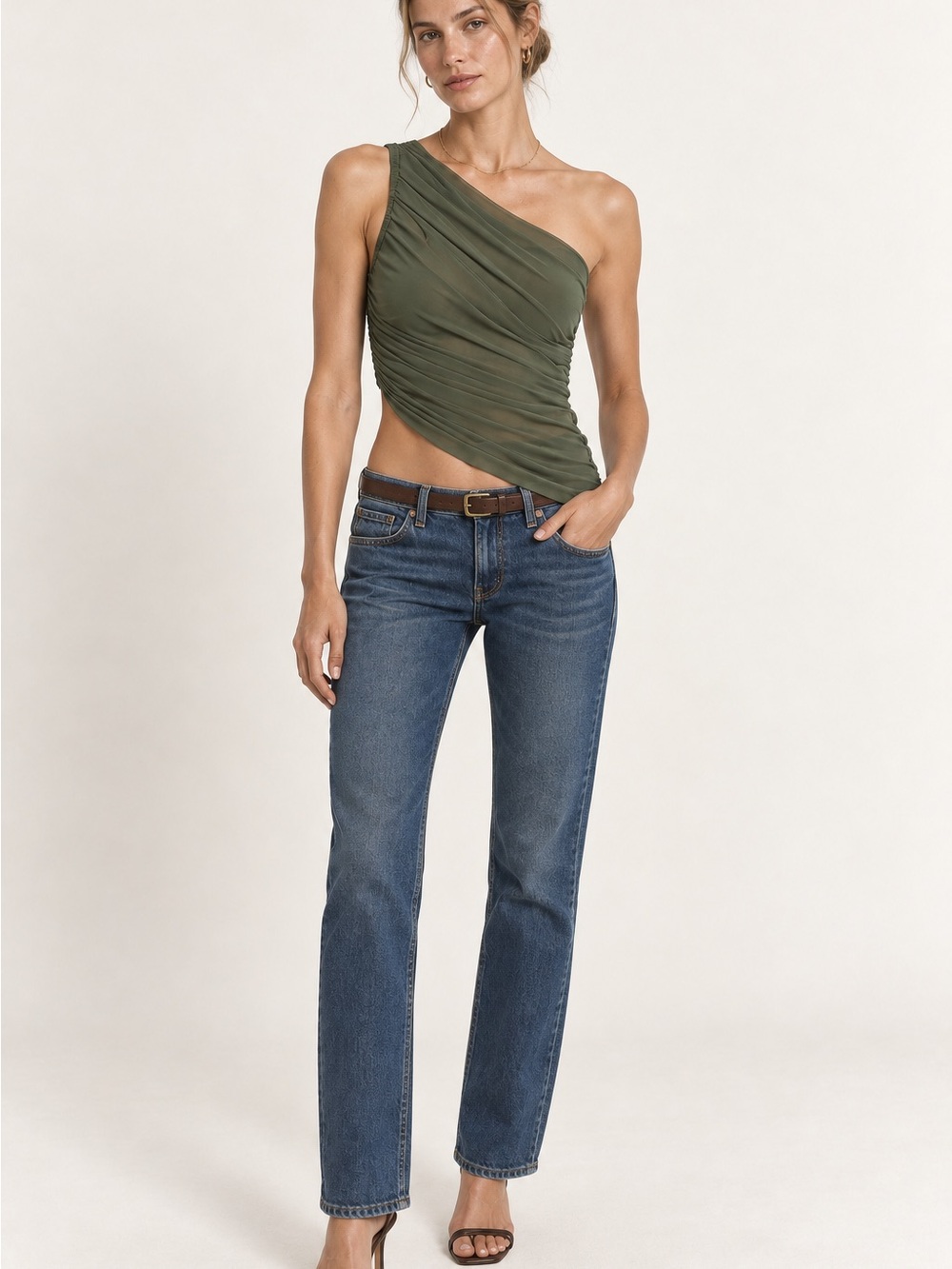 Norma Kamali Diana One-Shoulder Ruched Top – Celadon Green – Size L